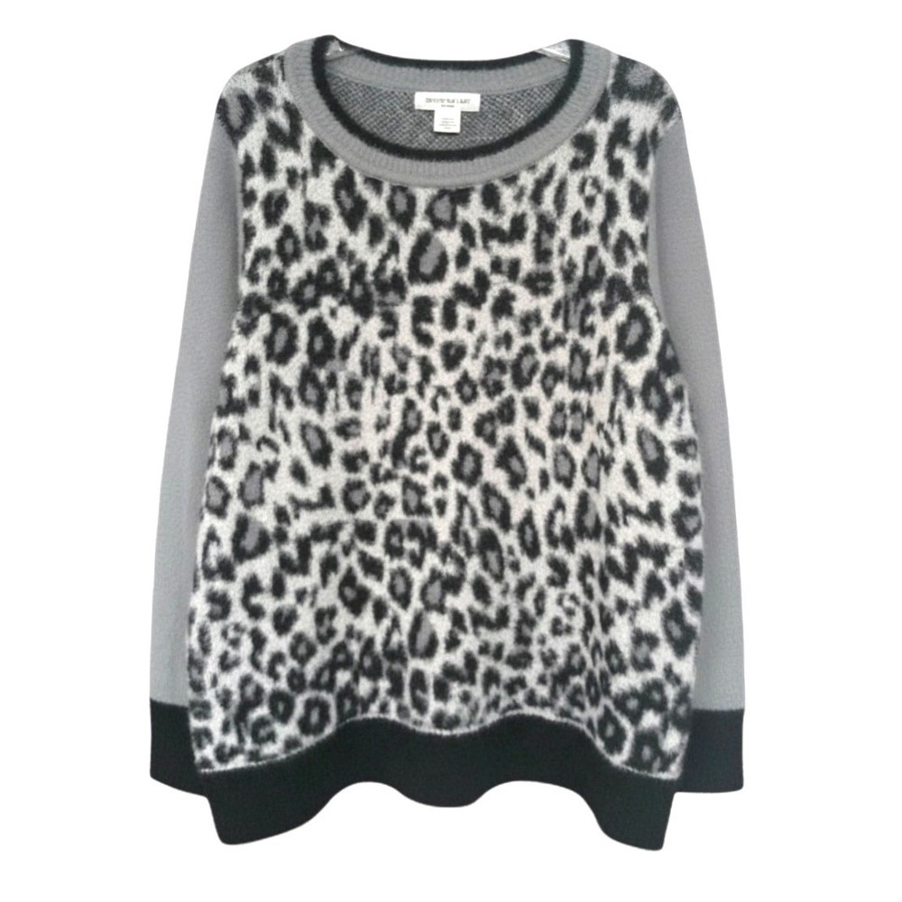 SKYE'S THE LIMIT Gray/Black Leopard Print FUZZY SHAGGY SWEATER Colorblock XL